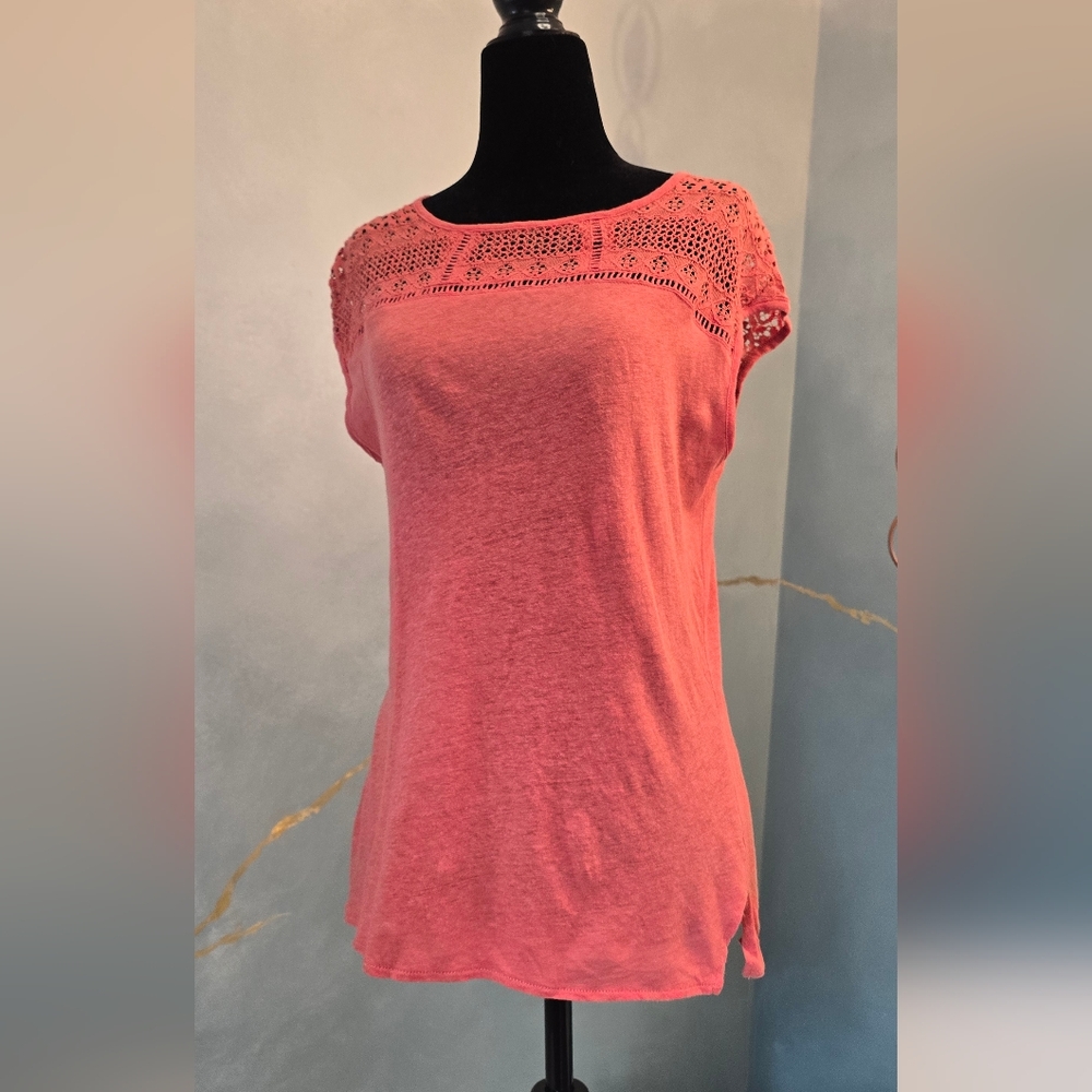 Linen Cotton Blend Coral Boho Crochet Top S